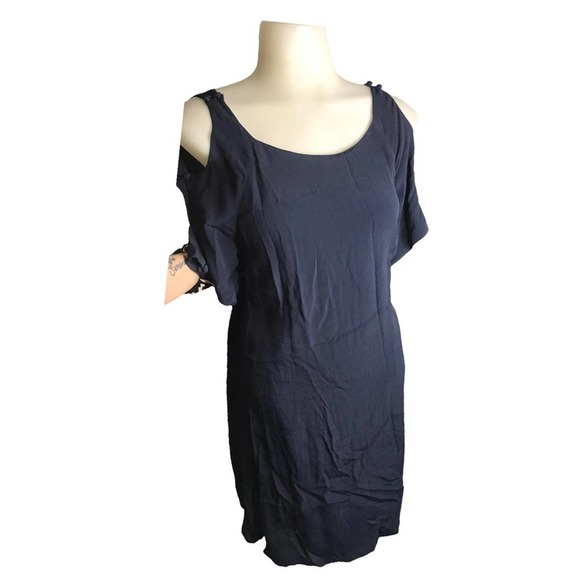 Maple | Navy Blue Shift Dress Cold Shoulder w/ Button Detail Short Sleeves - Picture 2 of 7